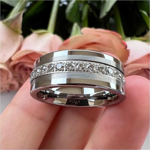 8mm Black Tungsten Carbide Ring for Men Women CZ Stone Eternity Engagement Wedding Band Pipe Cut Polished Shiny2