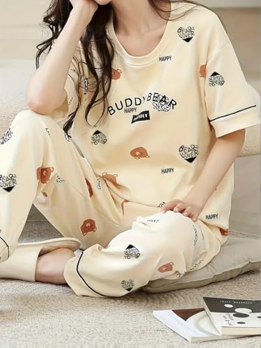 Image of Louis Luxe Womens Korean Night Dress || Full Pyjama Set || Korean Nightsuit || Women Nightwear ||Round Neck Full Sleeve Nightsuit || Loungewear || Everyday Nightdress