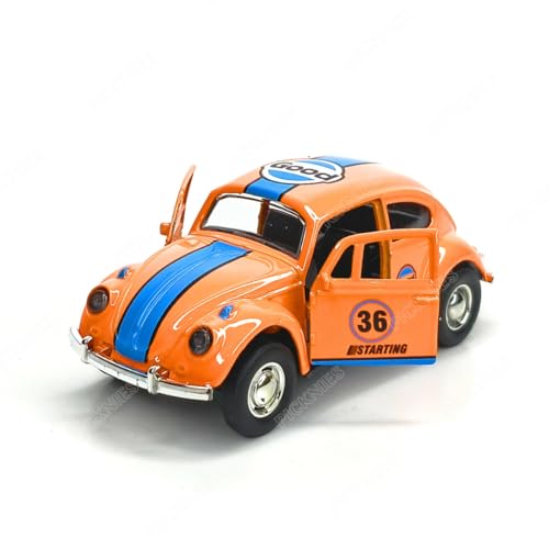 Image of Classic Vintage VW Beetle Diecast Metal Pullback Toy car with Openable Doors for Kids | 1:36 Scale Model | Pull Back | Gift for Boys Girls (Orange with Stripes)