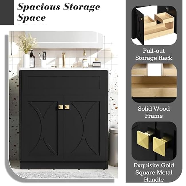 30 Inch Bathroom Vanity with Sink Top Combo Set Freestanding Cabinet with Storage Soft Close Doors Single Ceramic Sink Compact Bathroom Black
