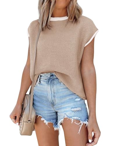 Image of Womens Cap Sleeve Sweater Vest Summer Tops Sleeveless Tank 2026 Trendy Spring Clothes Striped Short Sleeve Shirts,Brown,Medium