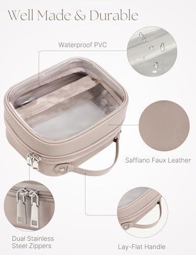 Clear Cosmetic Bag Double Layer 4 Compartments Travel Toiletry Bag Clear Makeup Bag Case with Zipper Transparent Travel Bag for Toiletries, Gift for Women Girls (Taupe, Small)2