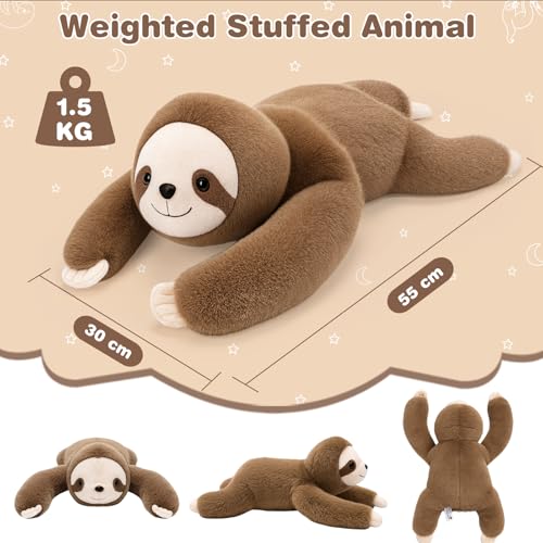 Joyreal Gewichteter Sloth für Erwachsene, 1.5kg Weighted Stuffed Animal, Angst & Stress Relief, Gewichtskuscheltier mit Verstecktem Fach, für Schlaf & Entspannung Geschenk Kinder