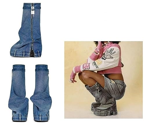 LEMONADE Women's Denim Boots Padlock Fold Over Knee High Platform Boots Pull-On Boots4