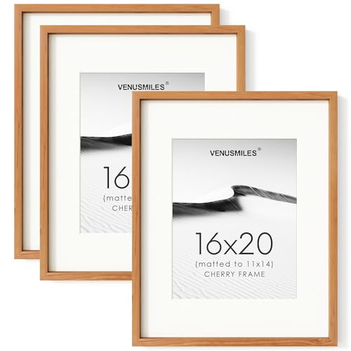 Image of 16 x 20 Picture Frame Set of 3, USA-Sourced Natural Cherry Wood Photo Collage Frame with HD Tempered Glass, Modern Simple 16x20 Wooden Frame Matted to 11x14, Vertical & Horizontal Wall Hanging Display