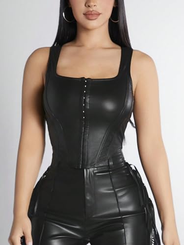 SHENHE Women's Square Neck Top PU Leather Fitted Summer Crop Tops4