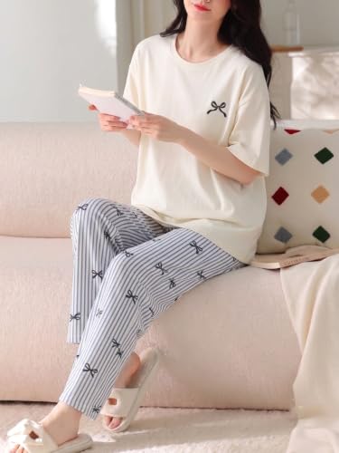 Image of Louis Luxe Cotton Blend Womens Korean Night Dress|| Full Pyjama Set || Korean Nightsuit ||Women Nightwear ||Round Neck Full Sleeve Nightsuit || Loungewear || Everyday Nightdress (ND-11)