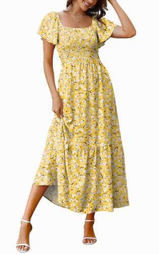 Image of OFEEFAN Summer Dresses for Women Square Neck Ruffle Sleeve Smocked Maxi Dress with Pockets