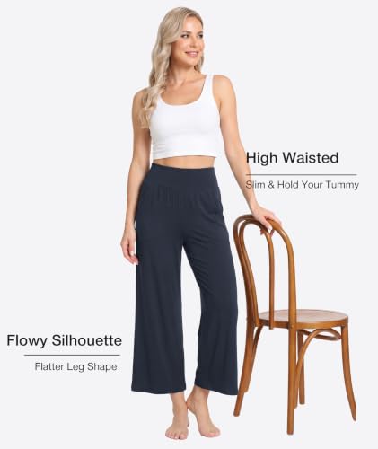 Image of GYS Bamboo Viscose Wide Leg Capri Pants for Women, Ultra-Soft Pajama Bottom | Lightweight Culottes Cropped Lounge Pants, Flowy Yoga Pants, High Waist PJ Bottoms, Knitted Ladies Gaucho Pants