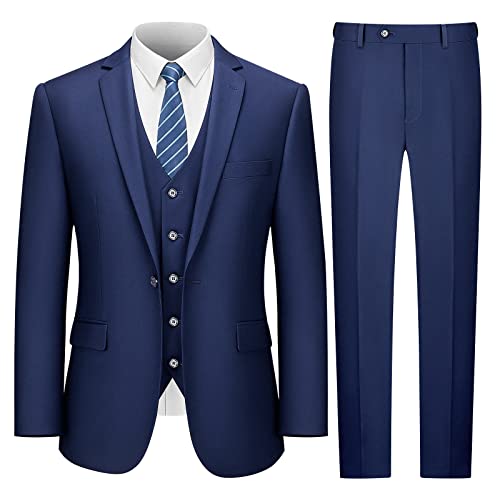Lupurty Suits For Men, 3 Piece Men's Suit Slim Fit, Solid Jacket Vest Pants With Tie, One Button Tuxedo Set, Navy Blue S #TOP22