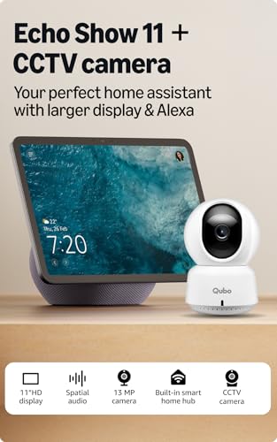 Image of Amazon Echo Show 11 (newest model), vibrant 11 inch Full HD display with spatial audio & Alexa, new sleek design, Graphite, combo with Qubo CCTV camera