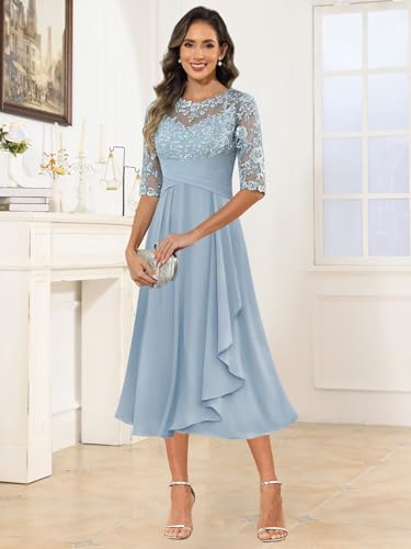 Mother of The Bride Dresses for Women Tea Length Half Sleeve Chiffon Ruffles Formal Wedding Guest Dress4