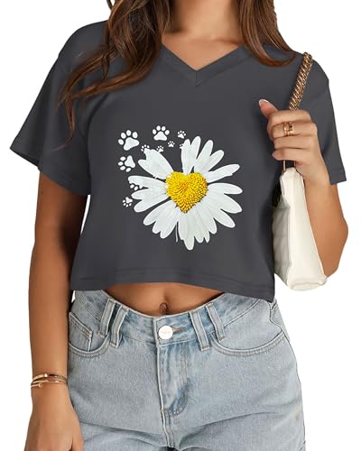 Image of Womens Crop Tops Short Sleeve V Neck Summer Cropped T Shirts Baisc Tees