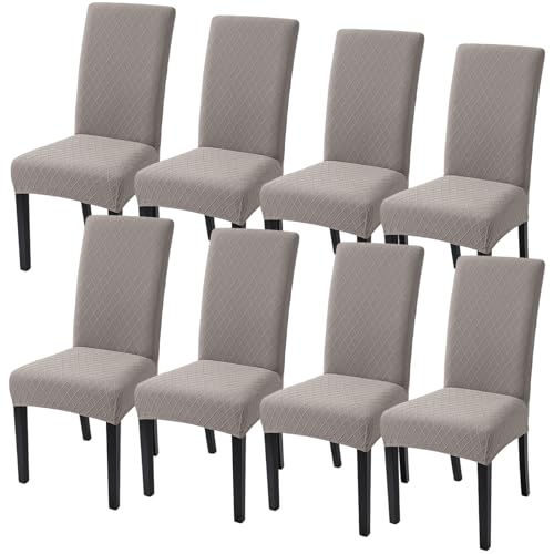 Image of SearchI Dining Room Chair Covers Set of 8, Stretch Jacquard Parsons Chair Slipcovers Removable Washable Kitchen Chair Protector Cover for Dining Room, Hotel, Ceremony (Taupe Rhombus)