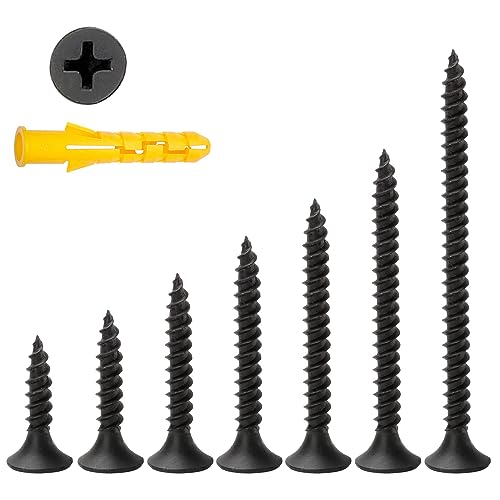 M3.5 Wood Screws Assortment,245 Pcs Drywall Screws Assorted,Flat Head Self Tapping Mixed Screws Kit For Wood,Metal,Plastic (16/20/25/30/40/50mm) (Black)