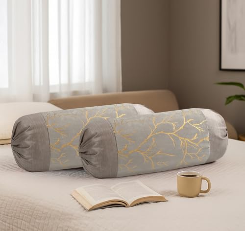 Image of Bolster Pillow Cover Set of 5, Round Cushion Cover - 16 x 32 inches, Grey