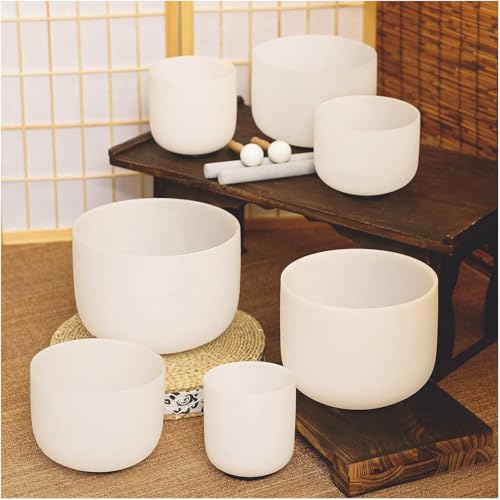 Lot de 7 bols chantants en cristal de quartz givré avec boîte gratuite - 20,3 à 35,6 cm - Fréquence de 432 Hz