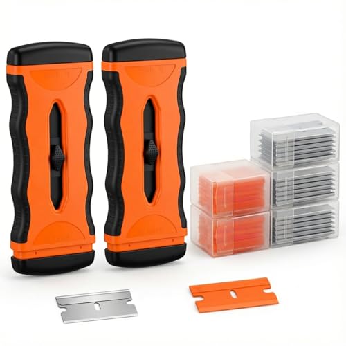 Mister Rui Razor Blade Scraper Tool Set, 2 Pack Retractable Scrapers with 30 Metal & 20 Plastic Blades, 5-Position Safety Lock Window Glass Stove Paint Floor Cleaning Scraper Kit by Mister Rui - Used condition - US$7.28