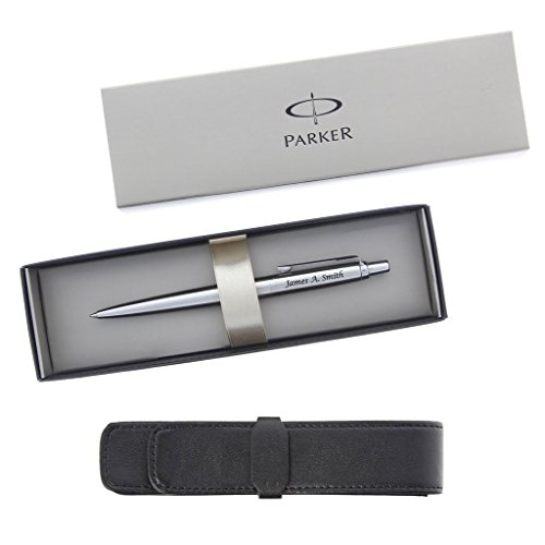 Personalized/Engraved - Parker Jotter Stainless Steel Ballpoint Pen with Leather Case and Gift Box - Custom Engraved with your Name (Stainless Silver)
