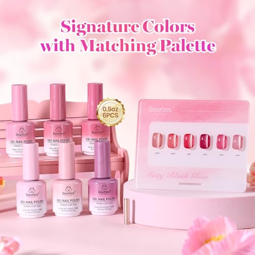 Image of Beetles Misty Blush Glow Pink Cat Eye Gel Nail Polish Set - 6 Colors 15ML Full Size Glitter Pink Spring Cat Eye Gel Polish Kit Magnetic Effect Soak Off UV Nail Art DIY Manicure Gift for Women