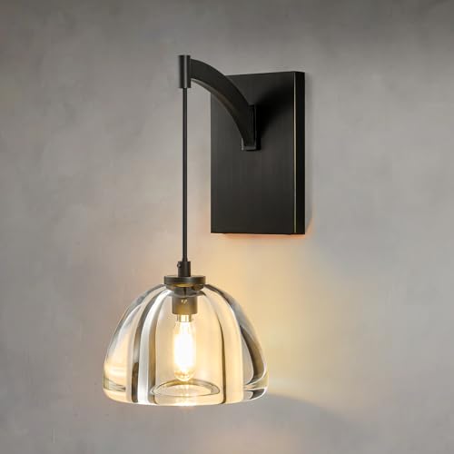 Crystal Brass Dome Wall Sconce - Luxury Matte Brushed Lighting Fixture with K9 Crystals Cloche - Dimmable Indoor Hanging Light - Modern Black Sconces for Bathroom Bedroom Living Room Stair