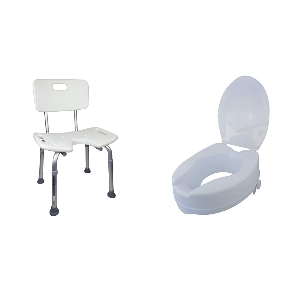 Mobiclinic, Marisma, Silla o Taburete de baño, de Ducha, ortopédica, Altura Regulable, Respaldo, Asiento en U, conteras Antideslizantes +, Elevador WC, con Tapa, 10 cm, Blanco, Titán