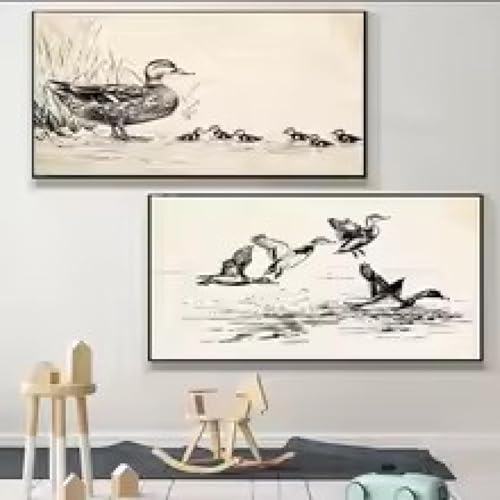 Affiche vintage de canards colvert animal volant noir et blanc