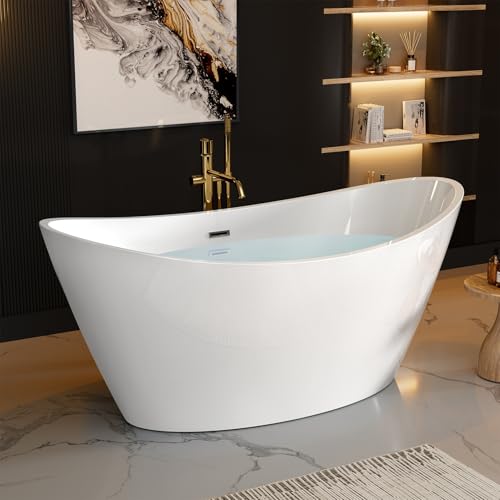 Image of Empava 67 inch Luxury Freestanding Soaking Bathtub - Modern Oval Spa Tub for Deep Relaxation & Master Bathroom Sanctuary, High-Gloss Acrylic with Brushed Nickel Overflow and Drain, cUPC Certified