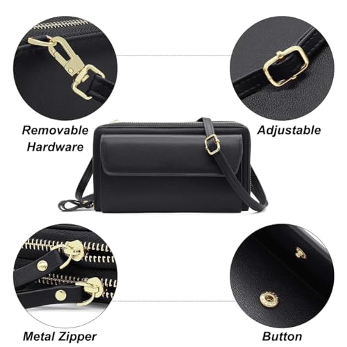 Image of Women Leather Wallet Crossbody Shoulder Bag with Double Zipper and Mobile Phone Purse with Shoulder Strap
