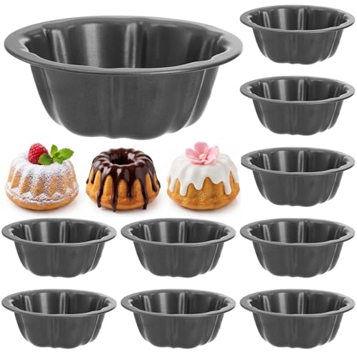 Zenfun 10 Pcs Mini Flan Molds Pan, 4 Inches Fluted Cake Pan Nonstick, Carbon Steel Mini Flan Molds Pans, Cake Pans Reusable Tube Oven Baking Mold For Cupcake, Bread, Bavarois, Brownie