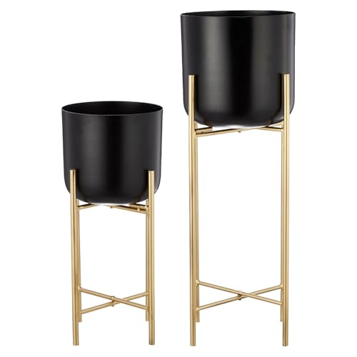 Image of amazon basics Planter with Stand | Flower Pot for Home Decor and Indoor and Outdoor Gardening | Set of 2 (Black Finish)