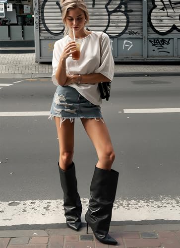 Slouchy Knee High Boots Women, Black Boots with Pointed Toe Stiletto Heel Pull on Closure Shark Boot High Heel Boot for Women4