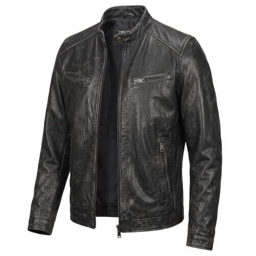 Image of Men Cafe Racer Motorcycle Style Solid Leather Jacket Slim Fit Motorcycle Brown Cafe Racer Leather Jacket