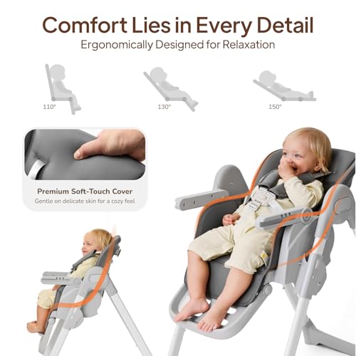 Image of Tinyiota 4 in 1 High Chairs for Babies and Toddlers with Wheels, 8-Height Adjustable & 3-Position Recline, Easy Clean, Dishwasher Removable Tray, Foldable HighChair for Infant, Meets ASTM Safety, Grey