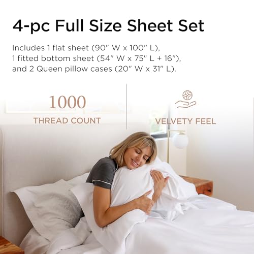 Threadmill Luxury Supima Cotton Sheets, Luxury 1000 Thread Count 100% Soft 100% Soft Cotton Sheets for Full Size Bed, 4 Pc White Bed Sheets Full Set, 5-Star Hotel Quality Deep Pocket Bed Sheets Set