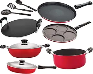 NIRLON Non-stick Aluminium Gas Compatible Cookware Utensils Combo Set (Red)