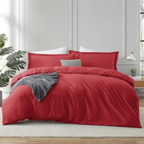Image of Hearth & Harbor Red Duvet Cover Full Size, 3 Piece Bedding Set | Soft Double Brushed Bedding Set, Button Closure, 1 Duvet Cover 80x90 Inches, 2 Pillow Shams