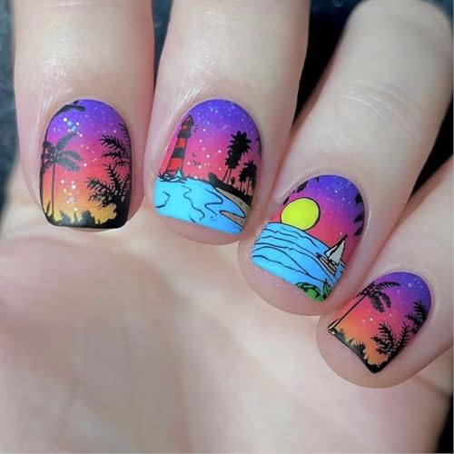 24 uñas postizas de árbol de coco, uñas artificiales de puesta de sol, brillantes, cobertura completa, uñas adhesivas cortas cuadradas a presión
