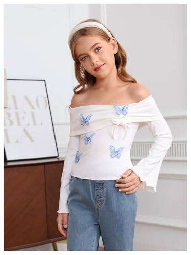 Image of Verdusa Girl's Y2K 3D Butterfly Off The Shoulder Tops Bow Tie Flare Sleeve Ruched T Shirt