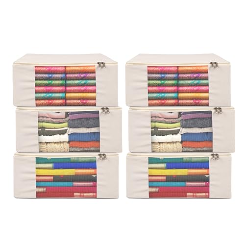 Image of EliteOne Cotton Canvas Clothes Storage Bags /Saree Covers for Storage with Zip & Window | Wardrobe Organizer for Clothes, Sarees, Lehengas, Dresses | Saree Organiser (17x14x7 inches)(Pack of 6 Bags)