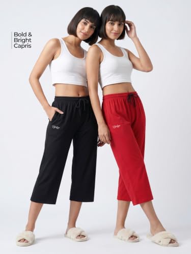 Image of Fflirtygo Women's Cotton Plain Calf Length Capri | Nightwear Short Pyjama | 3 /4th Solid Pyjama Pant | Regular Fit Casual & Lounge Wear Capri Combo (Pack of 2)