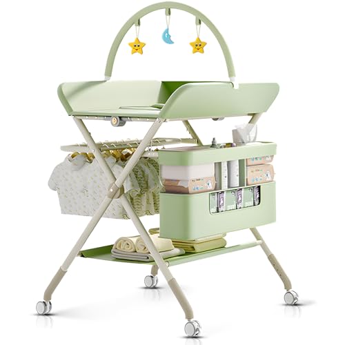 Image of QMHHRJT Changing Table, Portable Baby Changing Table with Wheels, Upgraded Foldable Diaper Changing Station with 5-Level Adjustable Height & Large Nursery Organizer Storage for Newborn Infant (Green)