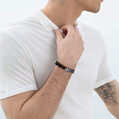 Sue's Secret Black Stainless Steel Men Cross Bracelet With Elegant Box For Fathers Day Valentines Day Gift For Boyfriend Husband Son #TOP1
