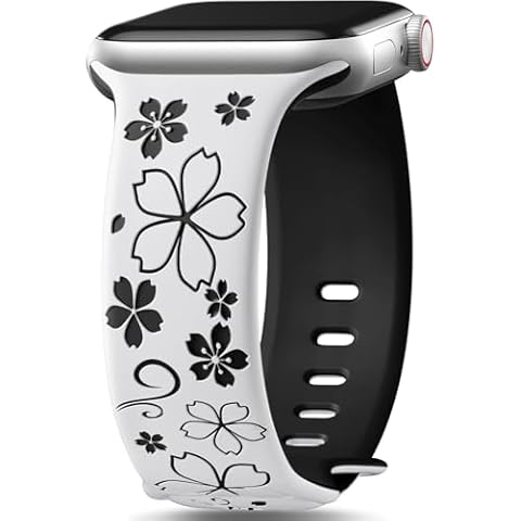 Floral Engraved Band Compatible with Cute Apple Watch Band for Women 40mm 41mm 42mm 38mm 44mm 45mm 46mm, Flowers Sport Silicone Strap for iWatch Bands for Women Series 10 9 SE/8/7/6/5/4/3/2/1/Ultra Cover