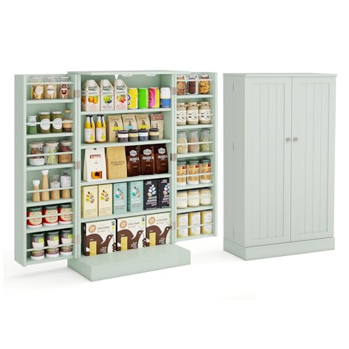 GIANTEX Armario Despensa de Cocina, Aparador de Salón 5 Niveles, 2 Puertas con Especieros, Estantes Ajustables, 59 x 30 x 104 cm, Mueble de Almacenamiento para Comedor, Dormitorio (Verde)