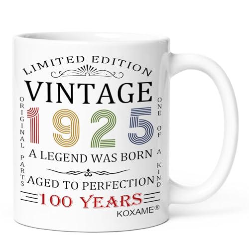 KOXAME Vintage 1925 Coffee Mug, 100th Birthday Gifts For Men Women, 100 Year Old Birthday Gifts For Him Her, Gift Ideas For Mom Dad Husband Wife Papa Grandma Turning 100 (100th)