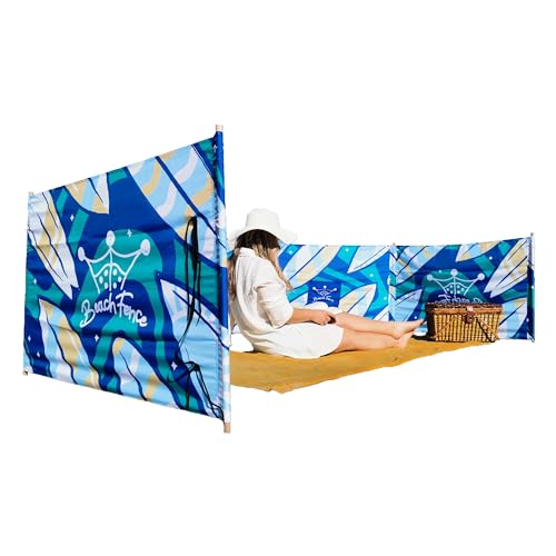 Image of BEACH FENCE Premium 20 ft Beach Windscreen, Privacy Screen, Wind Blocker Free Rubber Mallet and Carry Bag Included (Surfs Up)