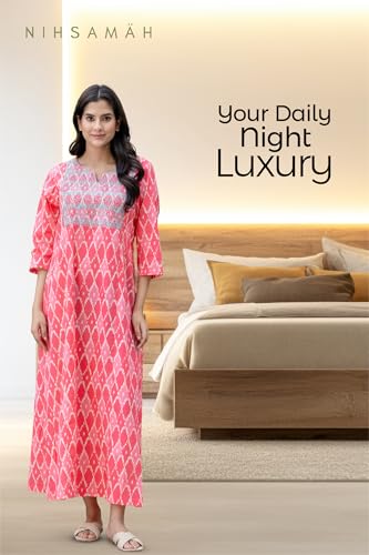 Image of NIHSAMAH Cotton Nighty for Women - Printed Stylish Night Gown, Comfortable Sleepwear Long Nightwear, Maxi
