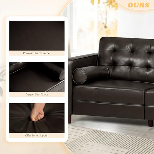 Image of 67 inch Premium Faux Leather 2-Seater Sofa with 2 Bolster Pillows and Tufted Backrest, Mid-Century Modern Loveseat Sofa, Luxury Couch for Living Room, Bedroom, Office, Dark Brown
