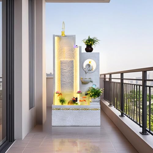 White Elegant Europe Style Free Standing Fountain Resin Fish Tank Fountain – Indoor Decor with Lighting, Mist, Waterwheel & Planter Features (Large with Fish Tank)